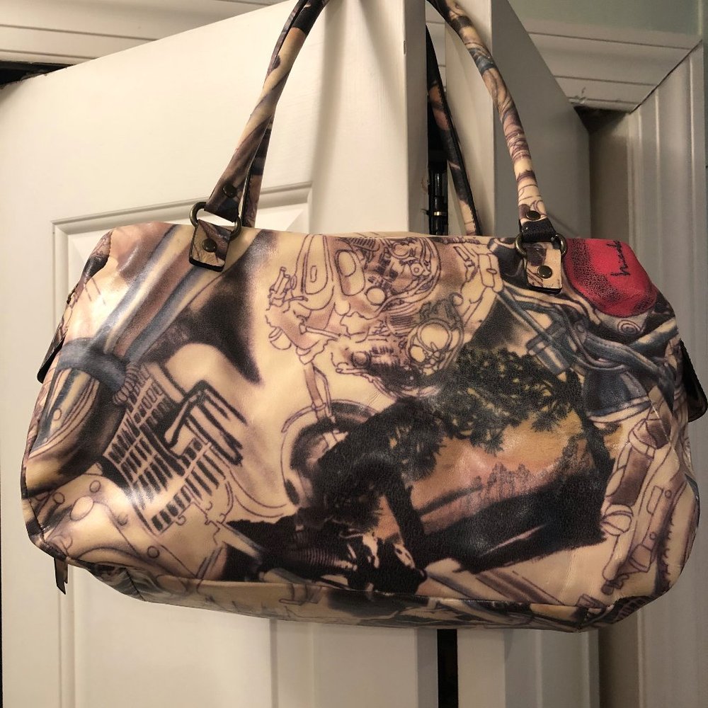 Nicole Miller Leather Motorcycle Print Satchel